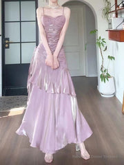 Pink Satin Straps Long Party Dress, Pink Satin Chic Prom Dress Evening Dress