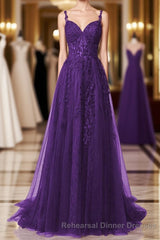 Purple A-Line Tulle Off Shoulder Long Semi Formal Prom Dress With Lace, Purple Evening Dress Party Dress
