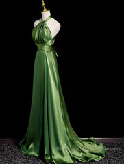 Green Soft Satin Halter Long Evening Dress Party Dress, Green A-line Semi Formal Prom Dress