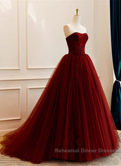 Wine Red Tulle Scoop Long Formal Dress, Wine Red Tulle Semi Formal Prom Dress Party Dress