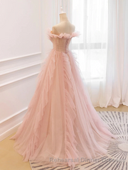 Pink Tulle Off The Shoulder A-Line Tulle Ruffles Floor-Length Semi Formal Prom Dress, Pink Long Party Dress