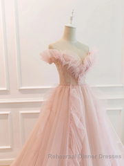 Pink Tulle Off The Shoulder A-Line Tulle Ruffles Floor-Length Semi Formal Prom Dress, Pink Long Party Dress