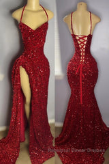 Halter Burgundy High Split Floor Length Semi Formal Prom Dresses