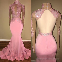 Alluring Pink Mermaid Long Sleeves Backless Elastic Satin Open Front High Neck Prom Dresses 2025