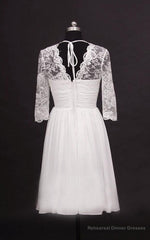 2025 A Line Cheap V Neck Long Sleeves Chiffon Knee Length Short Lace Wedding Dresses