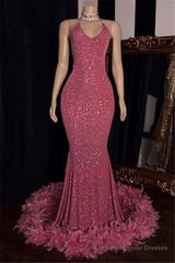 2025 Charming Mermaid Hot Pink Sequence With Feathers Halter Backless Prom Dresses
