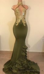 2025 New Arrival Mermaid High Neck Beaded Green Ruch Backless Prom Dresses