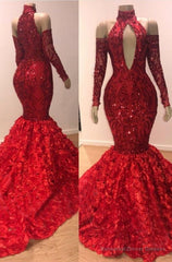 Charming Mermaid High Neck Red Long Sleeves Hollow Out Open Front Lace Prom Dresses 2025