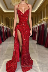 Halter Burgundy High Split Floor Length Semi Formal Prom Dresses