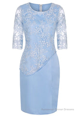 Light Blue Crew Neck Lace Half Sleeve Short Mother of the Bride Dress
