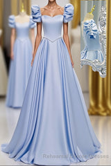 Blue Satin Backless Long Semi Formal Prom Dress, Blue Evening Dress