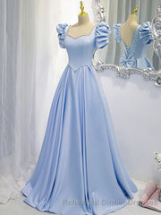Blue Satin Backless Long Semi Formal Prom Dress, Blue Evening Dress