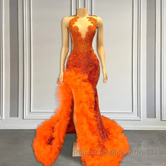 Orange Sleeveless Mermaid Semi Formal Prom Dresses with Side Slit and Tulle Beadings