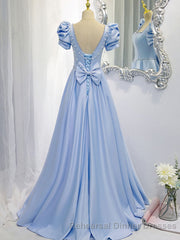 Blue Satin Backless Long Semi Formal Prom Dress, Blue Evening Dress