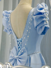 Blue Satin Backless Long Semi Formal Prom Dress, Blue Evening Dress