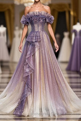 Purple Tulle Sequin Long Semi Formal Prom Dress, Purple Tulle Semi Formal Prom Dress