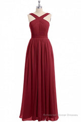 Red Chiffon Cross-Front A-Line Long Bridesmaid Dress