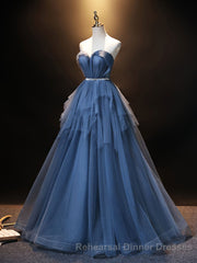 Blue Sweetheart Neck Tulle Long Semi Formal Prom Dress, Blue Evening Dress
