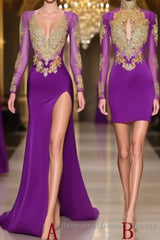 Unique Semi Formal Prom Dresses, Long Sleeve High Neck Beaded Split Semi Formal Prom Dresses