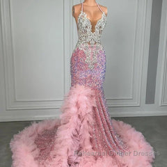 Pink Halter Mermaid Semi Formal Prom Dresses with Sequins Beadings and Tulle Ruffle