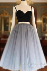 2 Pieces Black Gray Short Semi Formal Prom Dresses, Two Pieces Short Black Gray Formal Graduation Dresses