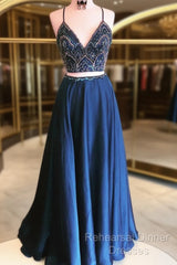 2 Pieces Navy Blue Semi Formal Prom Dress, Dark Blue 2 Pieces Formal Dress, Evening Dress