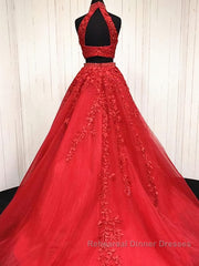 2 Pieces Tulle Lace Semi Formal Prom Dresses, Two Pieces Evening Dresses