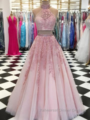 2 Pieces Tulle Lace Semi Formal Prom Dresses, Two Pieces Evening Dresses