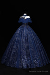 Blue Tulle Sequins Long Ball Gown, Elegant A-Line Formal Gown
