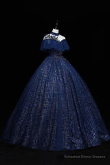Blue Tulle Sequins Long Ball Gown, Elegant A-Line Formal Gown