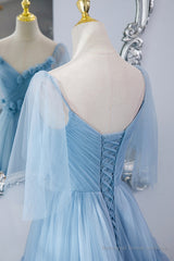A-Line Tulle Long Prom Dresses, V-Neck Spaghetti Strap Long Princess Dresses