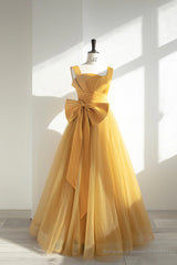 Yellow Satin Tulle Long Prom Dress, A-Line Evening Dress with Bow