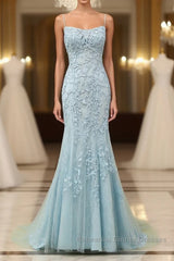 Mermaid Blue Long Semi Formal Prom Dresses Backless Evening Dresses