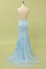 Mermaid Blue Long Semi Formal Prom Dresses Backless Evening Dresses