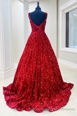 Red Sequin Square Neck Backless A-Line Long Semi Formal Prom Gown