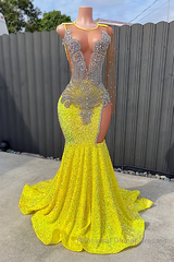 Round neck Silver Beaded Mermaid Yellow Sequin Semi Formal Prom Dresses
