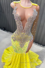 Round neck Silver Beaded Mermaid Yellow Sequin Semi Formal Prom Dresses