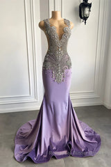 Lilac Mermaid Semi Formal Prom Dresses with Scoop Neckline Sleeveless and Crystal Beadings