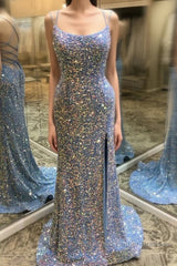 Double Straps Lace-Up Sequins Long Semi Formal Prom Dresses with Slit