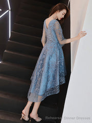 Blue V Neck Tulle Lace High Neck Prom Dress Blue Lace Homecoming Dress