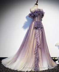 Purple Tulle Sequin Long Semi Formal Prom Dress, Purple Tulle Semi Formal Prom Dress
