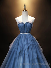 Blue Sweetheart Neck Tulle Long Semi Formal Prom Dress, Blue Evening Dress