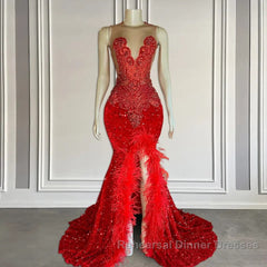 Mermaid Semi Formal Prom Dresses with Sequins Sleeveless Split Beadings and Feather Embellishments