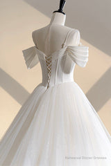Ivory Tulle Off the Shoulder Formal Gown, Elegant A-Line Wedding Dress