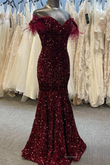Burgundy Sequin Feather Off-the-Shoulder Mermaid Long Prom Gown