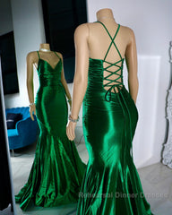 Satin Trumpet V-Neck Spaghetti Straps Semi Formal Prom Evening Dress For Black Girls