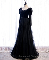 Black Tulle Long Semi Formal Prom Dress, Black Tulle Semi Formal Prom Dress