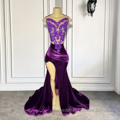Purple Sleeveless Mermaid Semi Formal Prom Dresses with Split Appliques