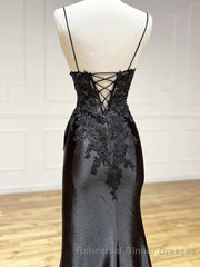 Dark Blue V Neck Satin Lace Long Semi Formal Prom Dress, Dark Blue Lace Long Evening Dress