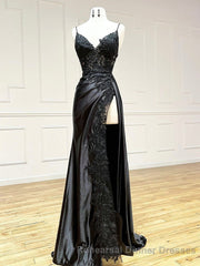 Dark Blue V Neck Satin Lace Long Semi Formal Prom Dress, Dark Blue Lace Long Evening Dress